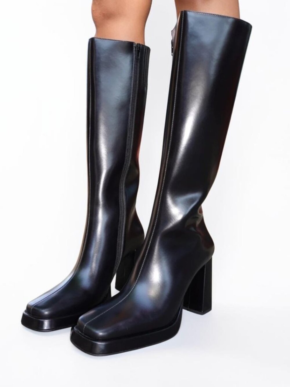 Jeffrey Campbell MAXIMAL-W Black Leather Platform Knee Boots Size 6